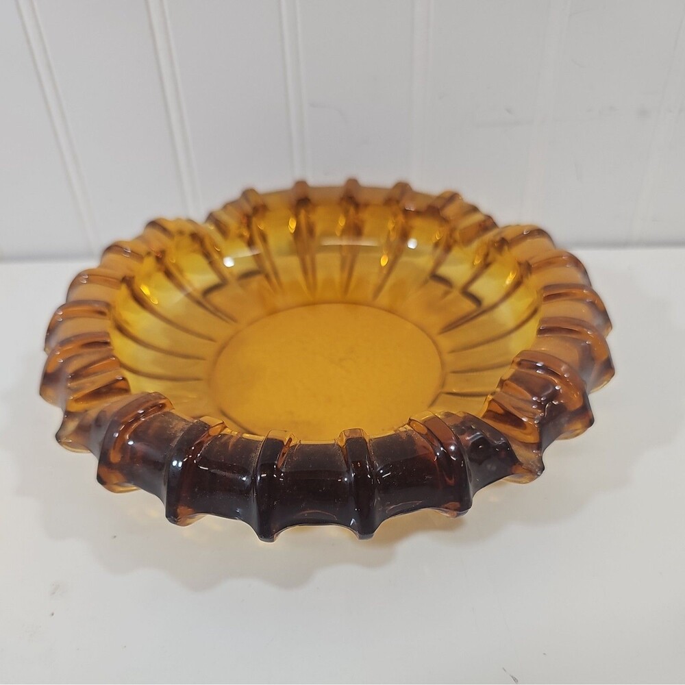 Vintage MCM Large Heavy Amber Glass 7" ASHTRAY “Sunburst” RETRO